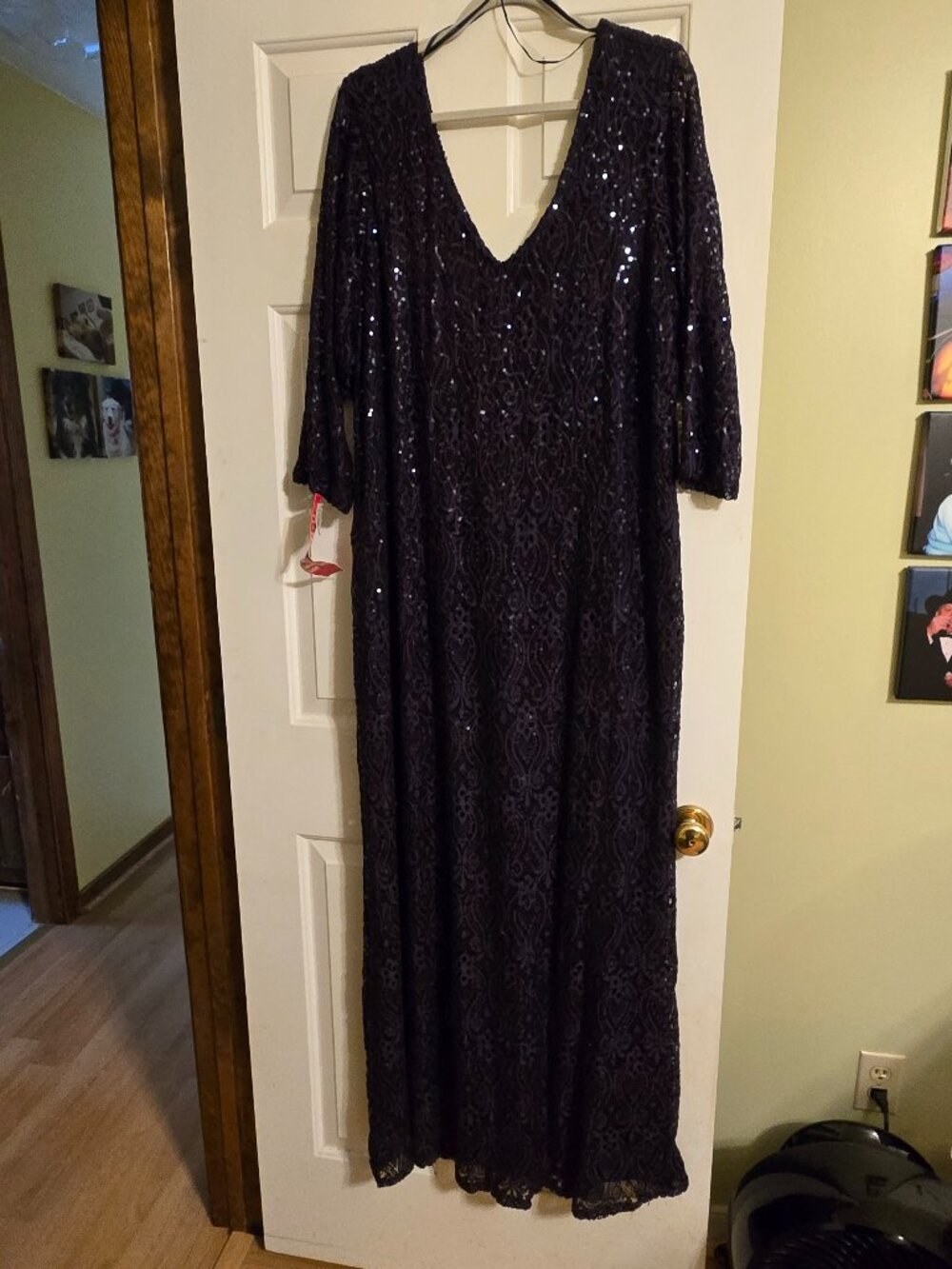 Marina vneck sequin stretch lace evening gown navy 24W